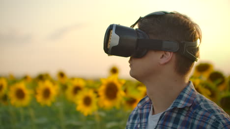 Ein-Mann-Inspiziert-Ein-Feld-Mit-Sonnenblumen-Mit-Einer-Virtual-Reality-Brille.-Das-Sind-Moderne-Technologien-An-Einem-Sommerabend.